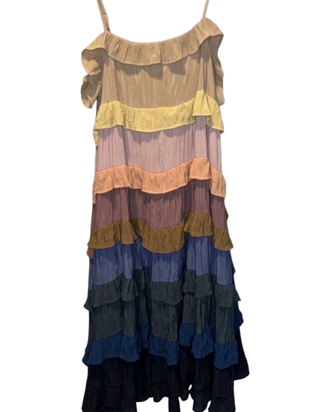 Anthropologie Storia Isabella Sofia Multi Color‎ Tiered Midi Dress L Boho Beach